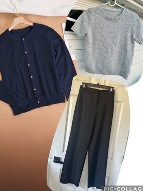 Bundle-Navy Cardigan, Light Gray Short-Sleeve Knit, and H&M Black Trousers Pants